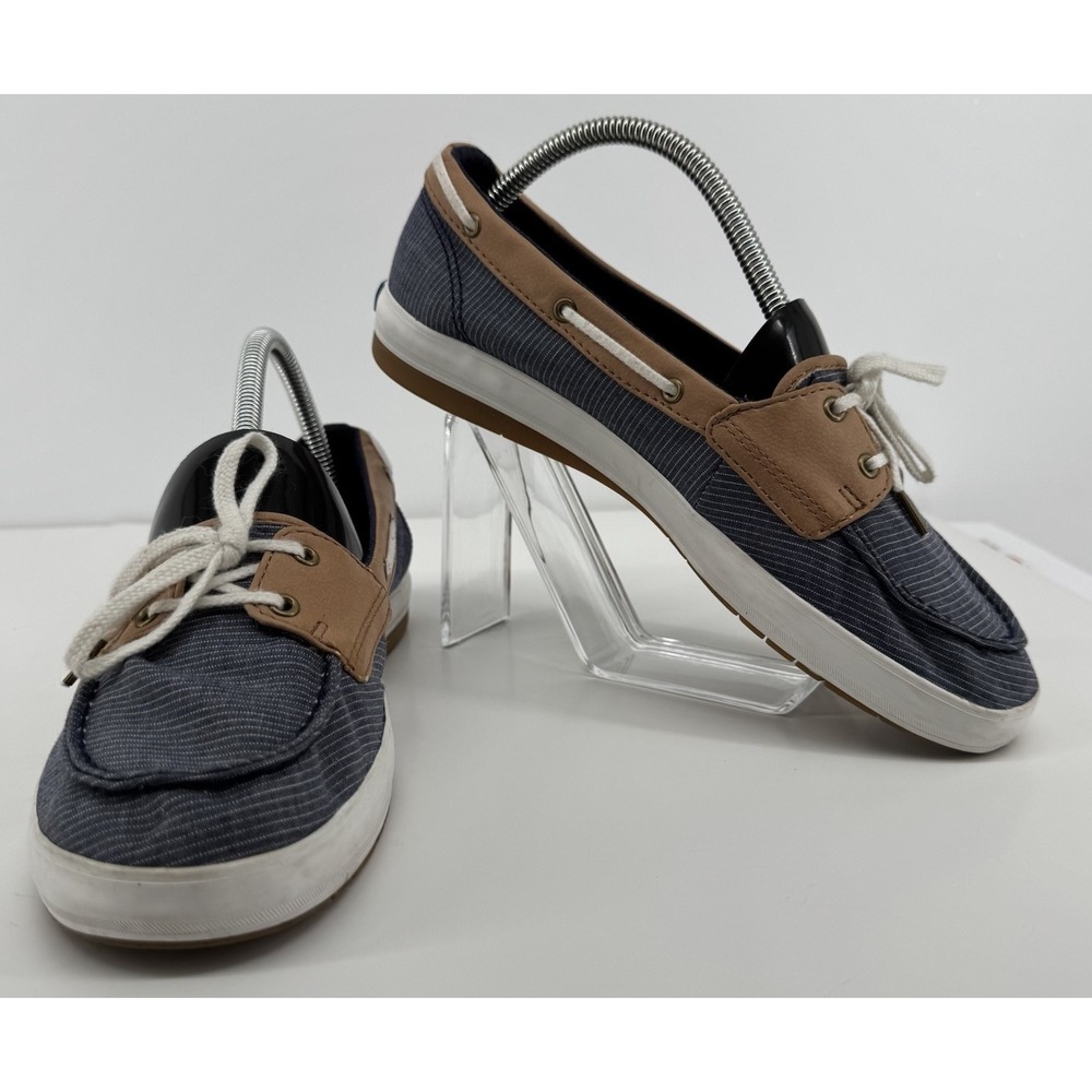 Keds Coastal Preppy Boat Shoes Navy Stripe Tan Trim Lace Up Comfort Size 8 Foam